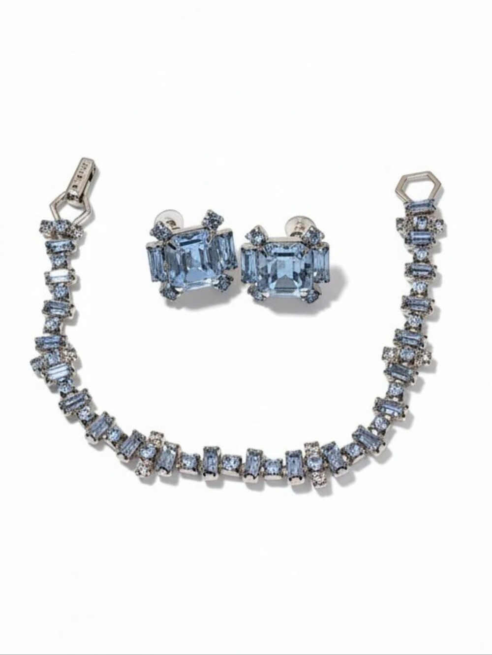 Blue Ice Crystal Tennis Bracelet & Screwback Clip On Earrings Set